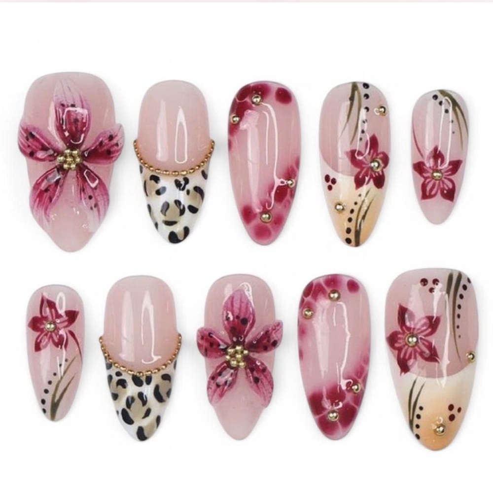 Elegant Floral Nail Art Set - Pink and Red